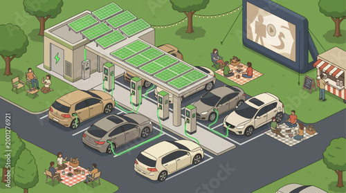 Isometric solar powered EV charging station and outdoor park with electric cars and people relaxing, green energy infrastructure concept for sustainable urban planning