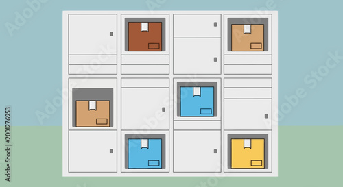 Modern Storage Lockers with Colorful Boxes Inside, Delivery Service Concept