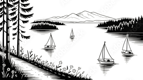 Black and white illustration of ducks swimming in a calm lake surrounded by nature