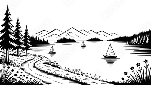 Boats sailing on calm lake with mountain scenery and forest background