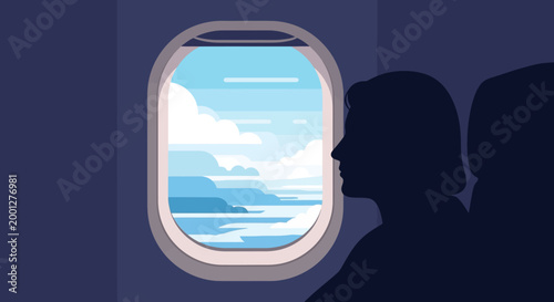 Passenger looks out airplane window at clouds and landscape during flight