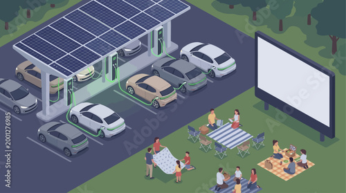 Isometric Solar Powered Electric Vehicle Charging Station and Outdoor Drive-in Cinema with Families Picnicking, Green Energy Concept Illustration for Presentation Materials