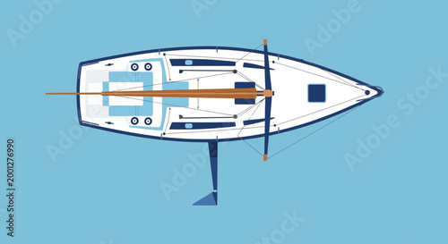 Quadro em tela Top view illustration of a modern sailboat gliding on blue water