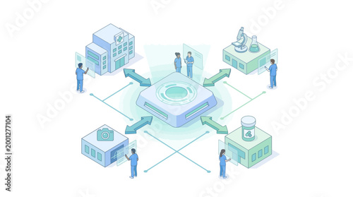 Isometric Healthcare Technology Network Illustration with Medical Staff and Digital Data Integration