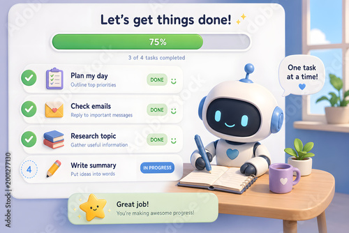 Task Management Automation: A futuristic robot diligently manages tasks, tracking progress and offering supportive encouragement, all in a user-friendly interface. 