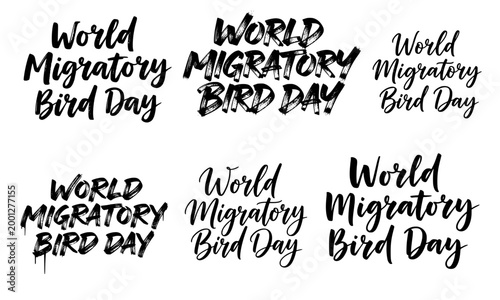 World Migratory Bird Day handwritten brush lettering set in black ink, featuring multiple calligraphy styles perfect for wildlife awareness posters, banners, and nature conservation designs.
