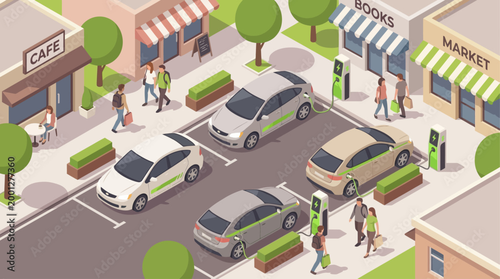 Fototapeta premium Isometric City Street with Electric Vehicles Charging at Parking Stations, Eco-Friendly Urban Infrastructure and People Walking, Sustainable Transportation Concept for Web Design and Infographics