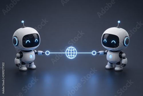 Robotic Connection: Two charming robots are interconnected, symbolizing the power of global communication. They hold a luminous world globe.