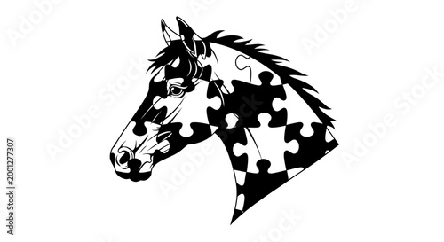 Schilderij op canvas Horse Head Silhouette Puzzle Pieces Black White