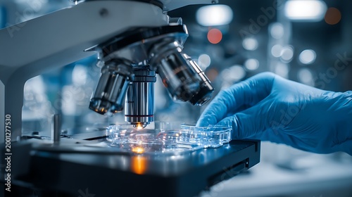 medical research laboratory setting. Close-up on a high-end digital microscope on a clean white workstation