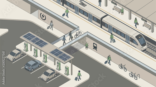 Isometric Public Transportation Hub with EV Charging Station and Solar Panels, Sustainable Urban Infrastructure Design for Eco-Friendly Travel and Smart City Concept