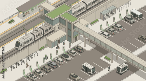 Isometric Green Transportation Hub with Electric Vehicle Charging Station, Train Platform, and Commuter Parking for Sustainable Urban Infrastructure Planning