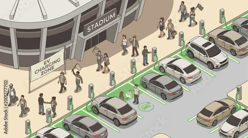 Isometric illustration of electric vehicle charging station at stadium parking lot, sustainable transportation infrastructure and green energy concept for urban planning