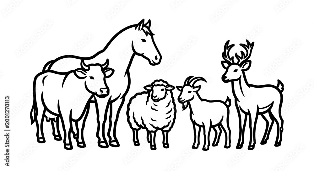 Fototapeta premium Line art illustration of various farm animals standing together in a group