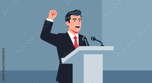 Man giving speech at podium raising fist vector illustration