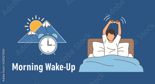 Man wakes up after sleep symbolized by alarm clock and mountain