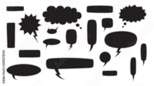 Speech bubble icons set with black comic shapes, lightning burst, dots and empty callout placeholders for stickers