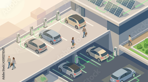 Isometric Electric Vehicle Charging Station with Solar Panels, Sustainable Infrastructure and EV Parking Concept for Green Energy Presentation, Digital Illustration