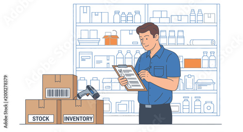 Warehouse worker checking inventory with clipboard and barcode scanner illustration