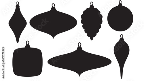 Tableau sur toile Ornament bauble icon set with solid black shapes and hanging loops for holiday d