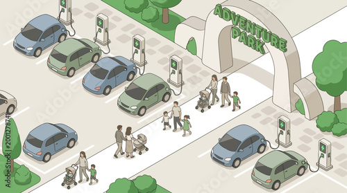 Isometric Adventure Park Entrance with Electric Vehicle Charging Station, Sustainable Travel and Eco-Friendly Family Lifestyle Concept for Modern Urban Infrastructure Infographics