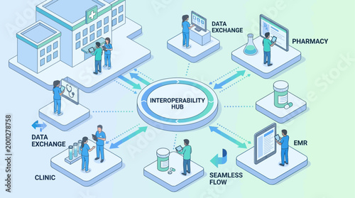 Isometric Healthcare Interoperability Hub Infographic with Medical Staff and Digital Data Exchange for Hospital EMR Systems