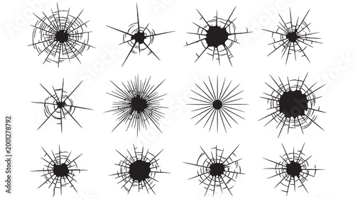 Target burst icons set with black sunburst shapes, spikes, and circular crosshair lines on white background