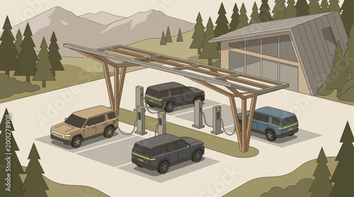 Isometric Electric Vehicle Charging Station with Modern Solar Carport in Nature Landscape