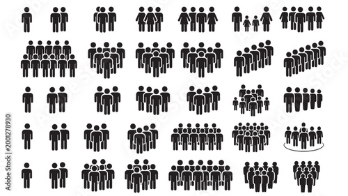 People group icons infographic with diverse silhouettes in black and white for teamwork and community visuals