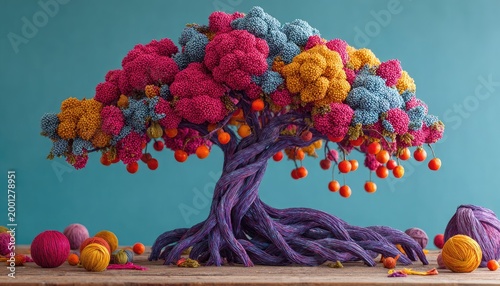 Whimsical Clay Tree with Colorful Fruit and Roots.