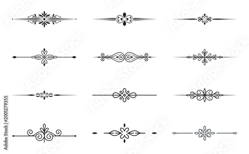 Set of twelve vintage vector flourish dividers for elegant text design.