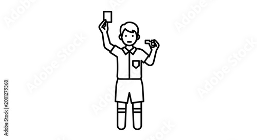 Soccer Referee Showing Red Card and Blowing Whistle - Line Art Icon