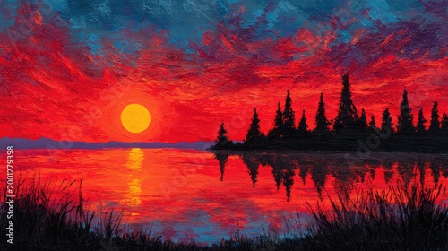 Vibrant Sunset Over Serene Water with Silhouetted Trees.