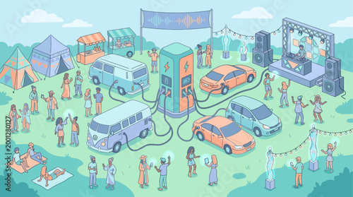 Isometric Electric Vehicle Charging Station at Music Festival with People Camping and DJ Stage