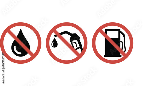 No fuel icon set, red prohibition symbols for no petrol no diesel and no oil representing gas station restrictions safety warnings and hazardous material control.