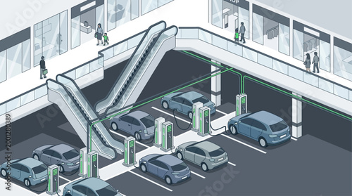 Isometric illustration of electric vehicle charging station in shopping mall underground parking garage