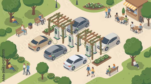 Isometric Electric Vehicle Charging Station in Public Park with People, Eco-friendly Sustainable City Infrastructure, Green Urban Planning Concept for Presentation and Web Design