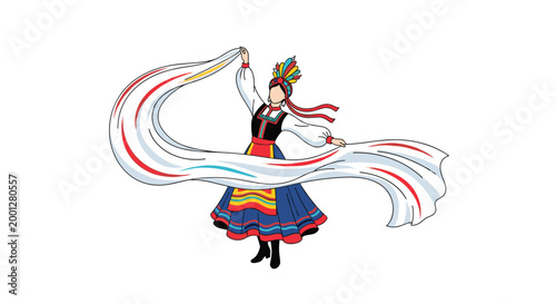 A dancer wearing a colorful folk costume with a patterned skirt and headpiece moves gracefully while holding a long flowing white cloth against white.