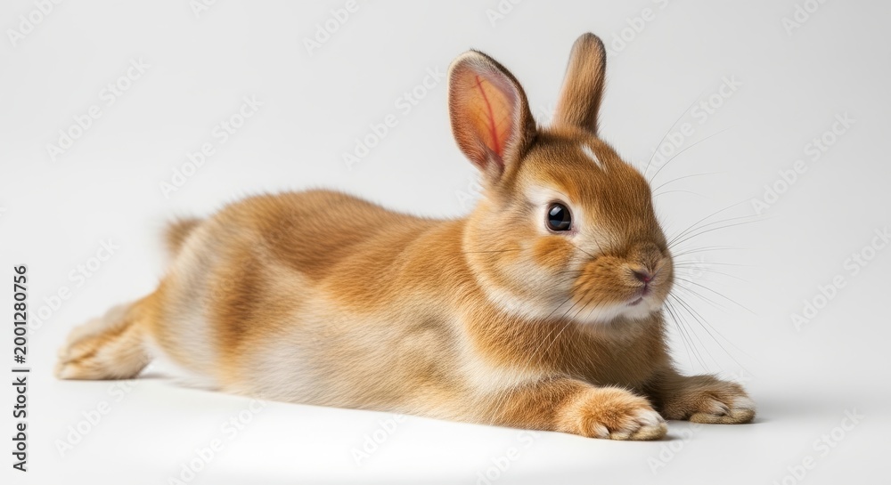 Obraz premium A cute brown rabbit is lying on a white surface looking directly at the camera with its ears perked up