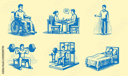 People in various situations including wheelchair user interview and workout.