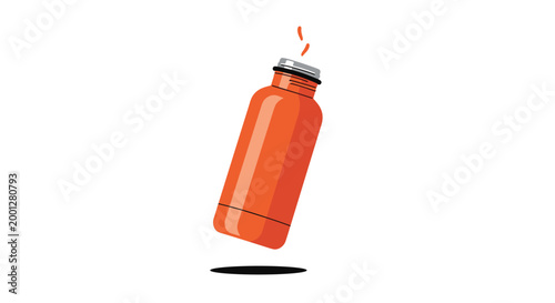 A sleek orange metallic water bottle floats in a tilted position with thin orange vapor lines rising from the top against a clean white studio background.