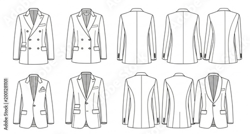 Mens suit jackets technical CAD flat sketches detailed tailoring vector illustration isolated on white background