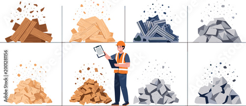 Construction worker vector illustration with material inspection