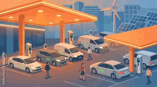 Isometric electric vehicle charging station with solar panels and wind turbine, eco-friendly city transportation infrastructure for sustainable energy concept, flat vector illustration.
