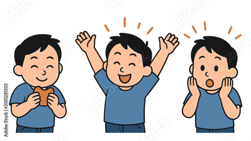 Joyful Boy Cartoon Illustration Expressing Delight Excitement and Amazement with Food