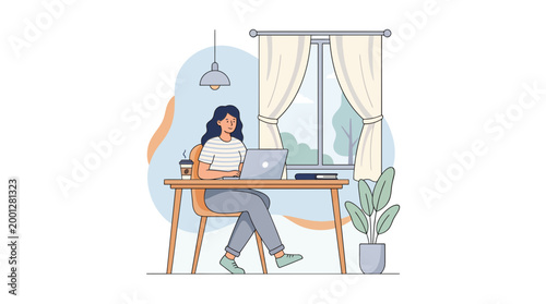 Freelance professional woman working remotely on laptop from a comfortable home office