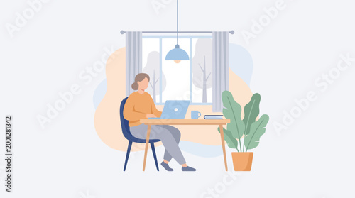 Freelance professional woman working remotely on laptop from a comfortable home office