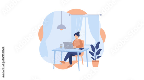 Freelance professional woman working remotely on laptop from a comfortable home office