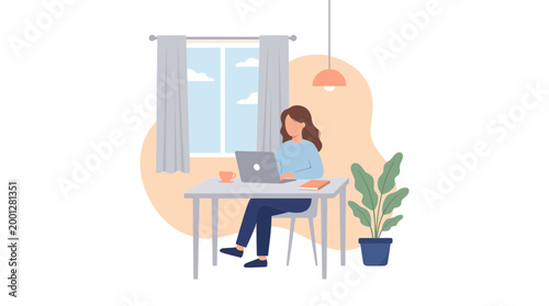 Freelance professional woman working remotely on laptop from a comfortable home office