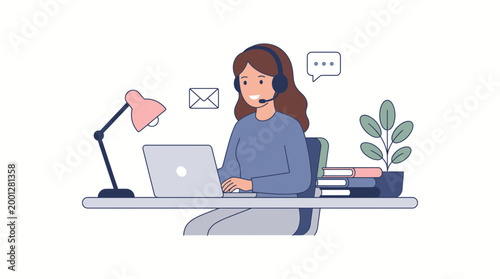 Customer service agent with headset on laptop providing online support and communication